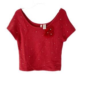 Twiggy Angora Crop Salmon Pink Tulle Flower Rhinestone Sweater XL